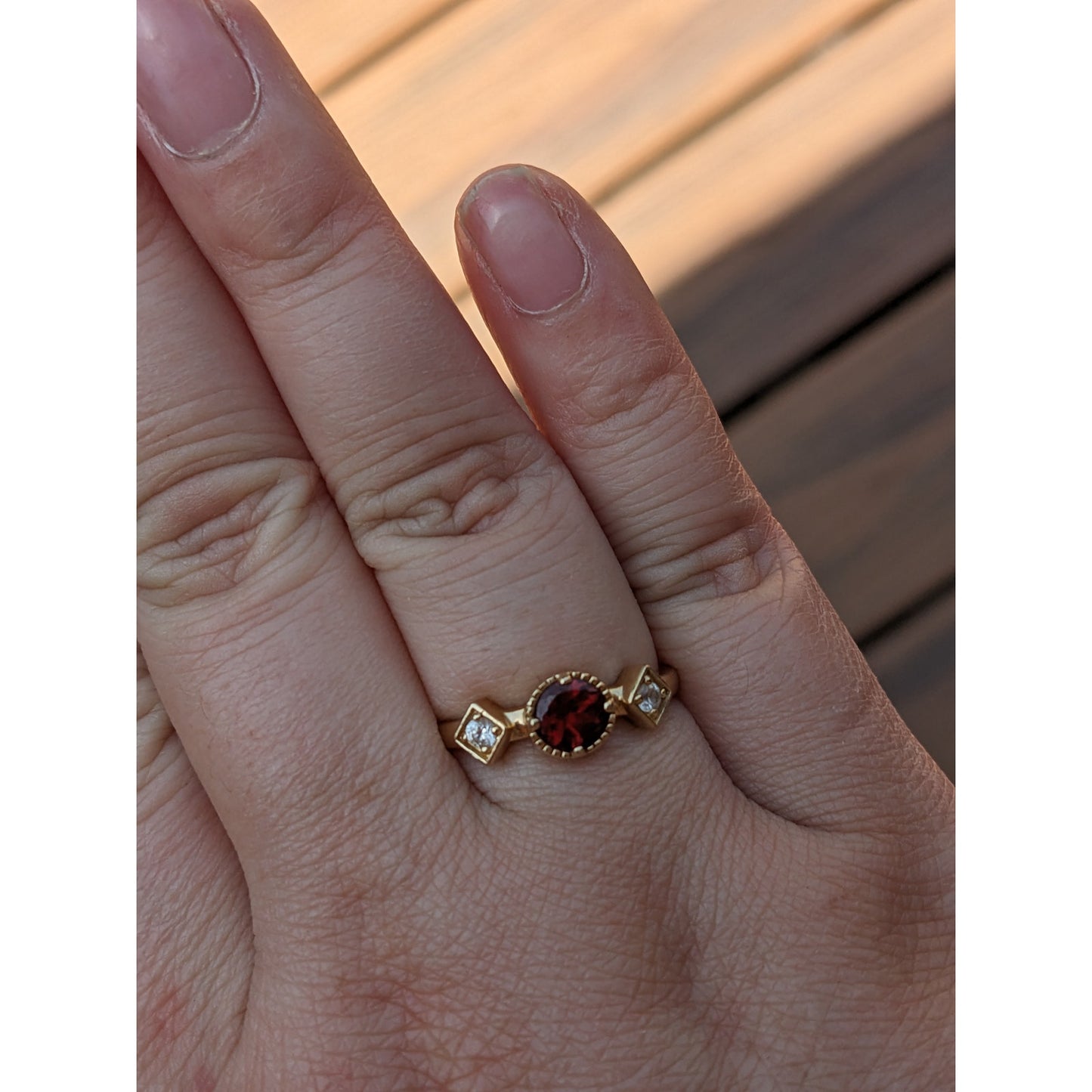 Estate 14k Yellow Gold Red Garnet White Zircon Accent Stone Ring Size 7