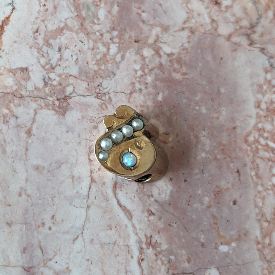 Vintage Unmarked 10k Gold Slider Charm with Faux White Opal and Pearls