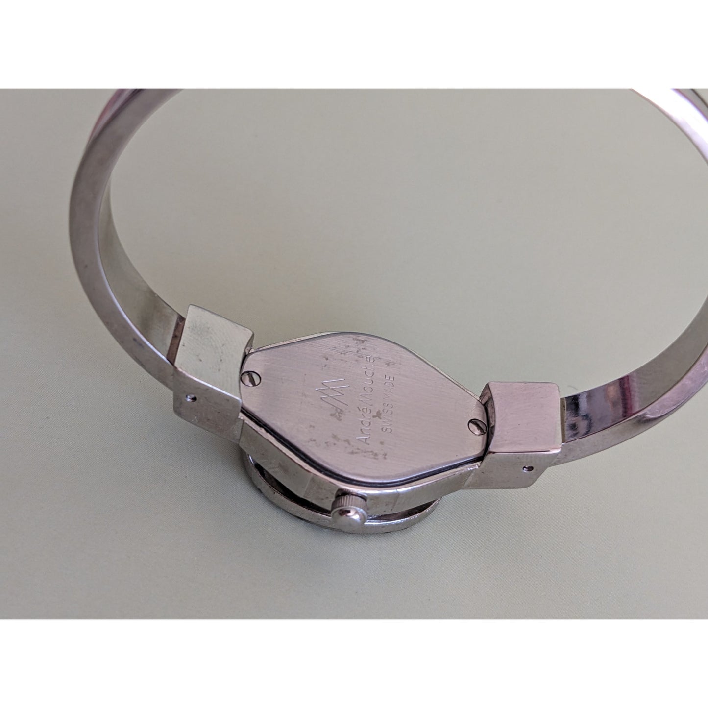 Vintage Andre Mouche Silver Tone Peek A Boo Bangle Watch, Pink Enamel Floral