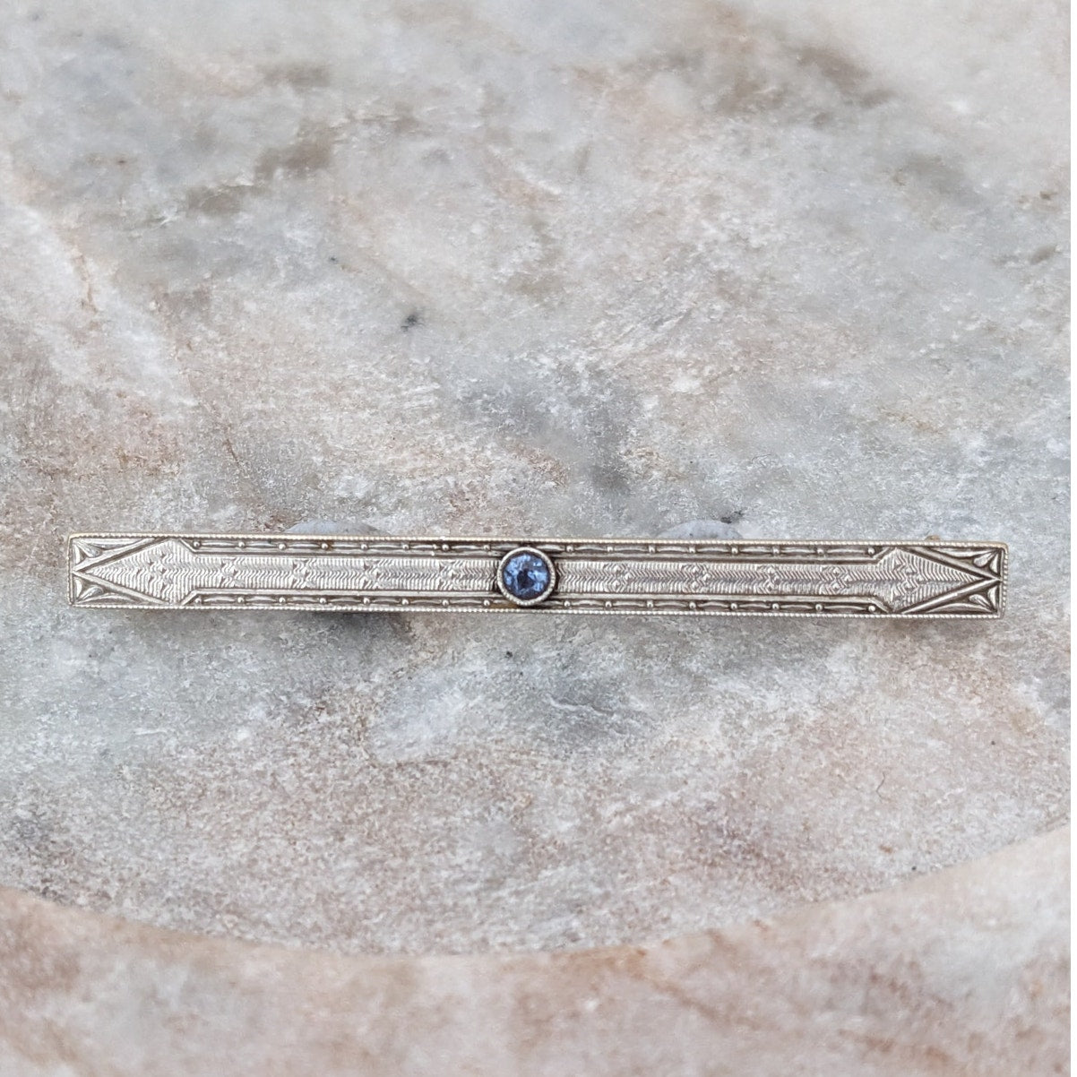 Vintage 14k White & Yellow Gold Bar Brooch with Blue Sapphire
