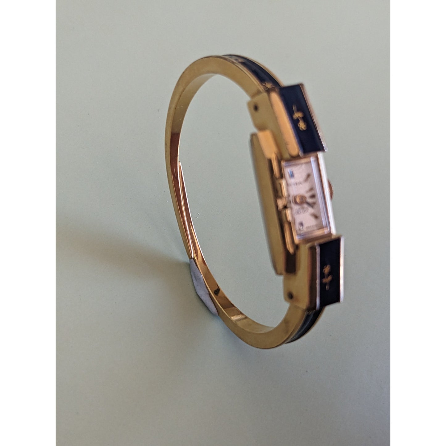 FLAW Vintage Ritma Manual Gold Tone Bangle Watch with Blue Enamel and Flowers