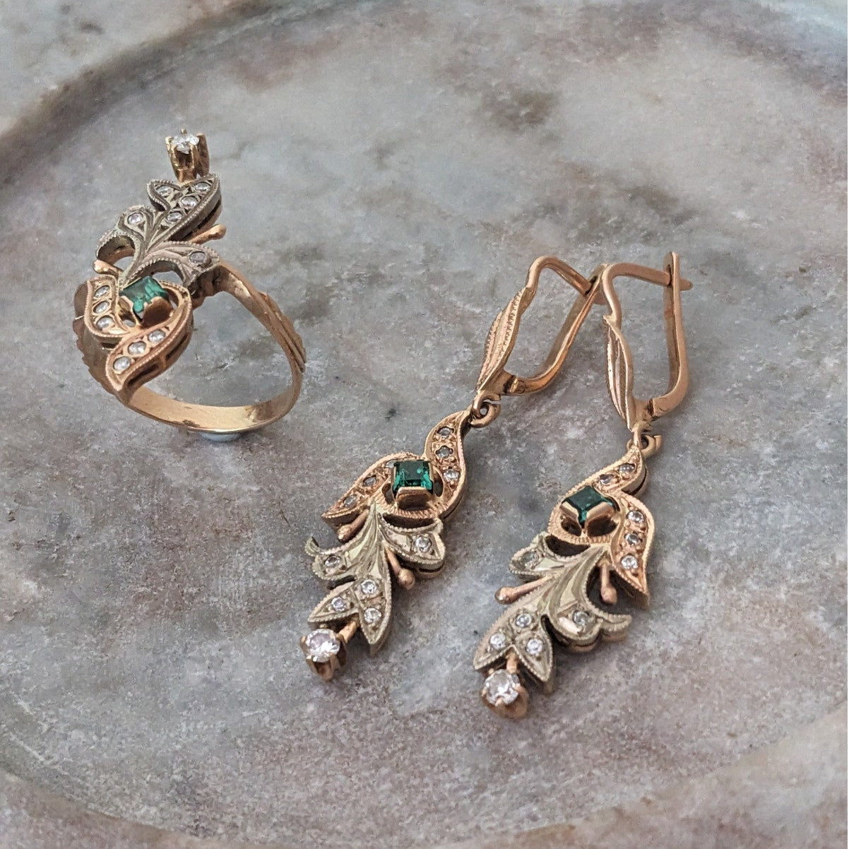 Vintage 1990s 14k Gold USSR Ring Size 9 & Earring Lab Emerald Natural Diamonds