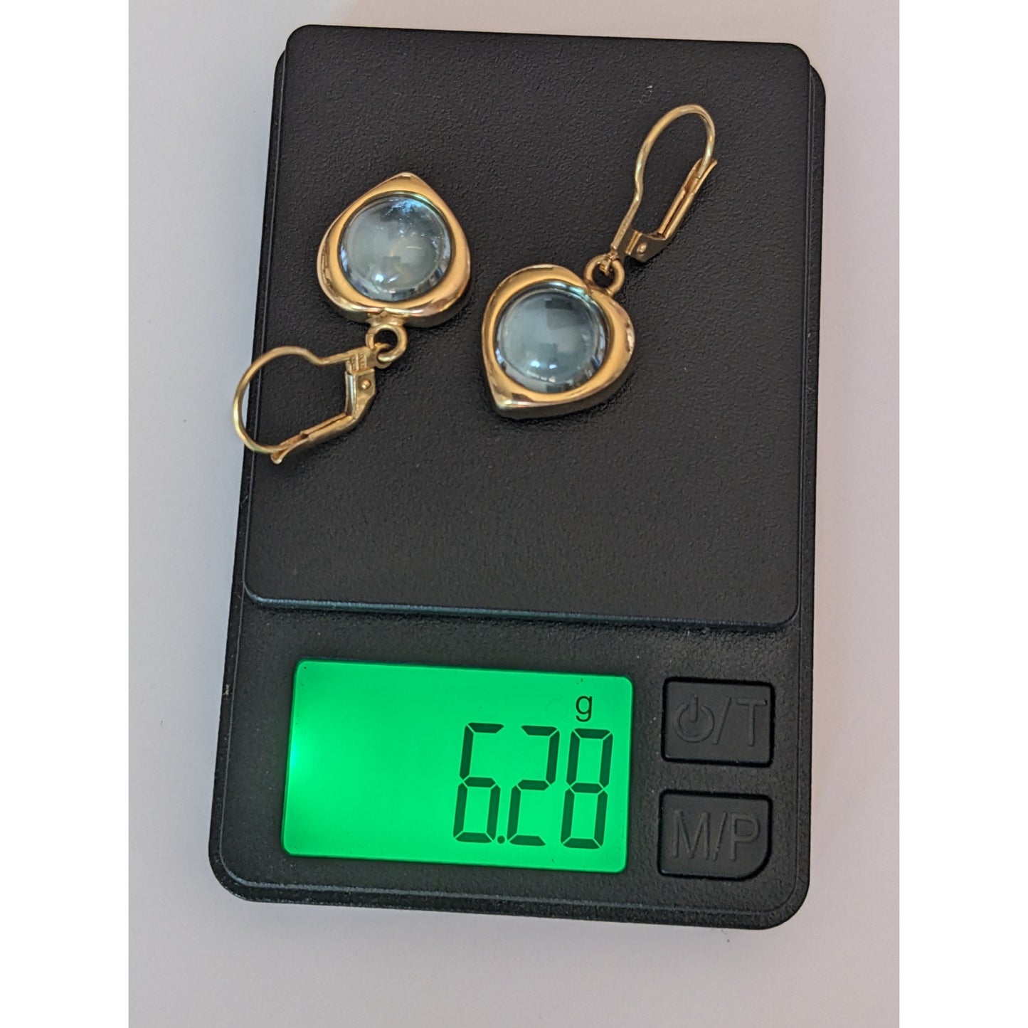 Vintage 18k Italy Heart Drop Earrings 10mm Round Blue Topaz Cabs