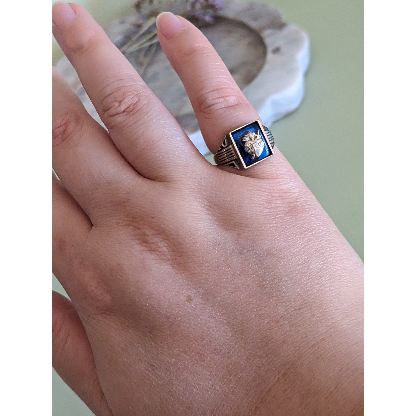 Vintage 10k White Gold Herff Jones Sacred Heart Signet Ring Size 5.75