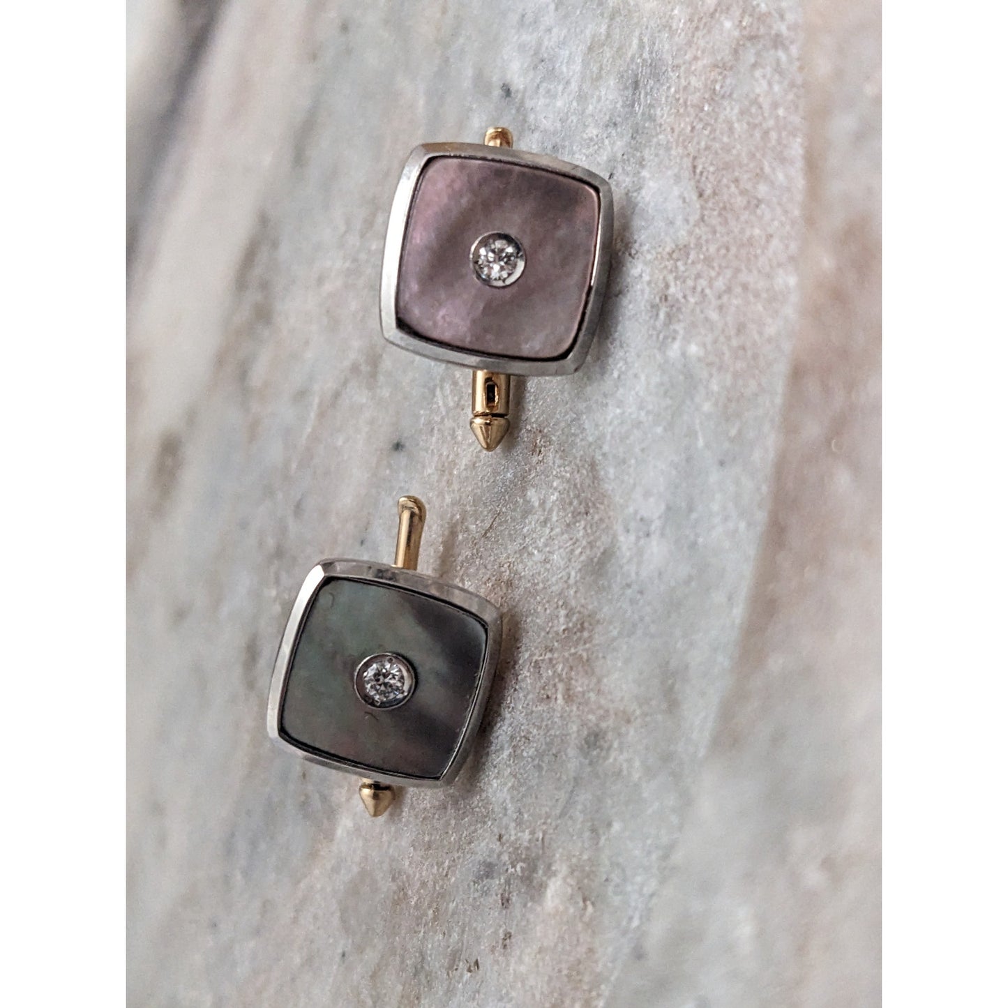 Vintage 14k Gold Mother of Pearl Cufflinks 0.10ct Diamond Accents