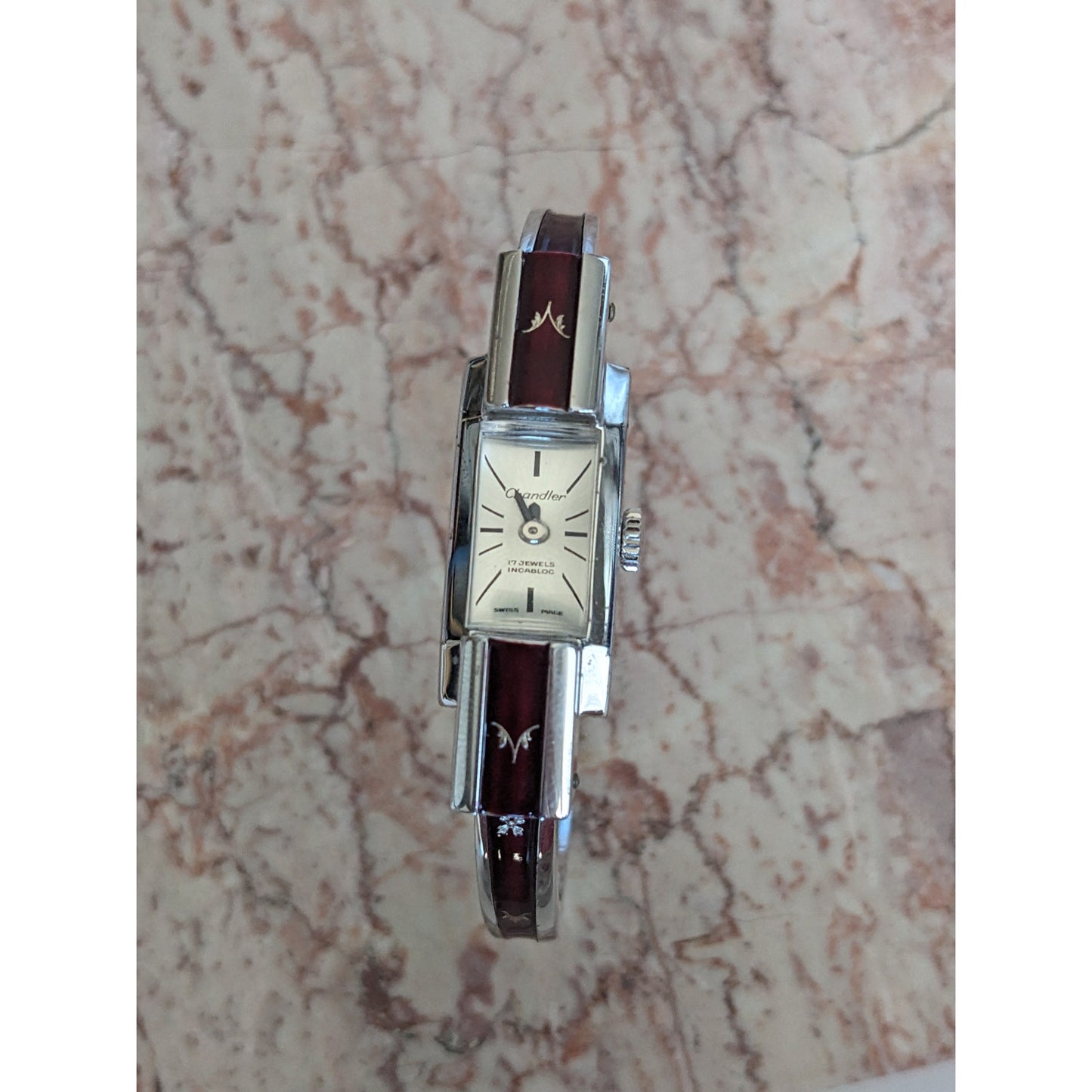 Vintage Chandler Manual Silver Tone Bangle Watch Red Enamel Botanical Shqapes