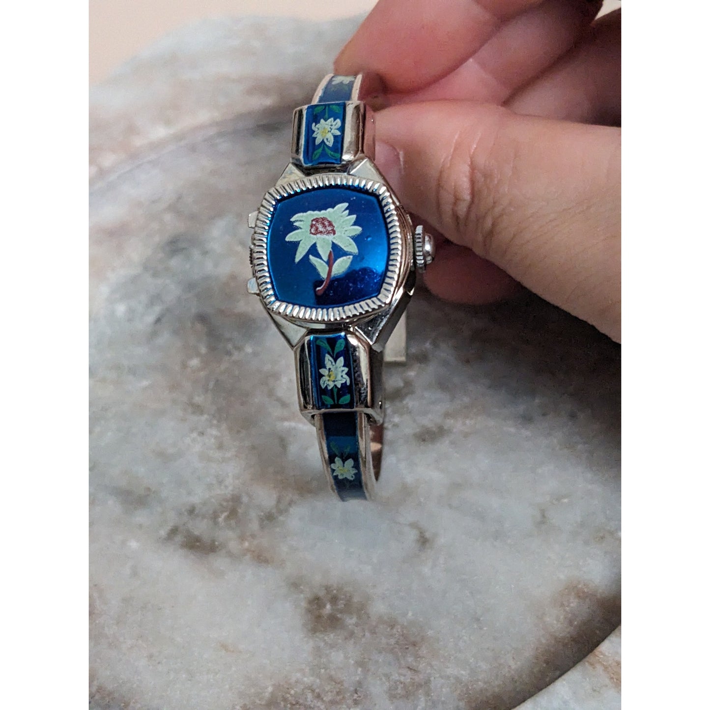 Vintage Andre Mouche Silver Tone Bangle Watch with Blue Floral Enamel Working