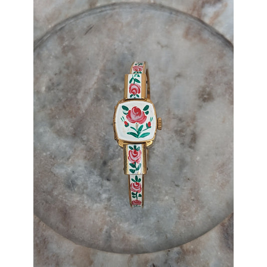 Vintage Andre Mouche Silver Tone Bangle Watch with Blue Floral Enamel Working