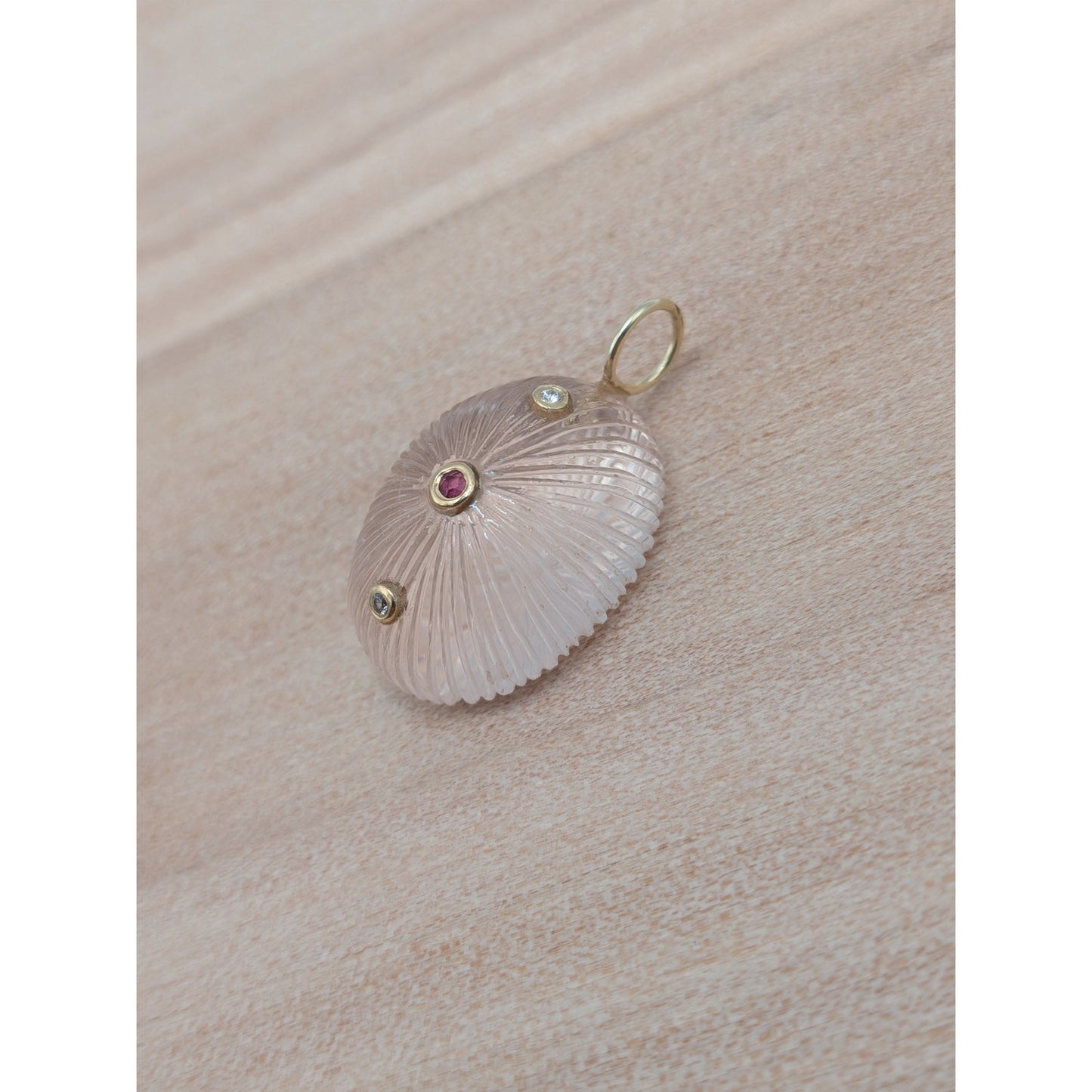 14K Gold Carved Fluted Rose Quartz Pendant w/ Natural Ruby & Diamond Accents