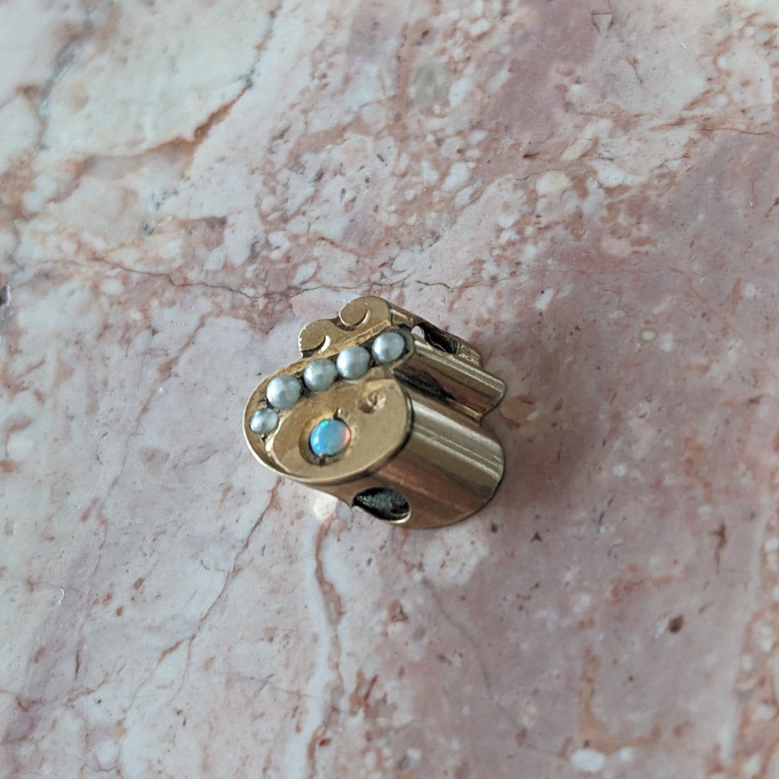 Vintage Unmarked 10k Gold Slider Charm with Faux White Opal and Pearls