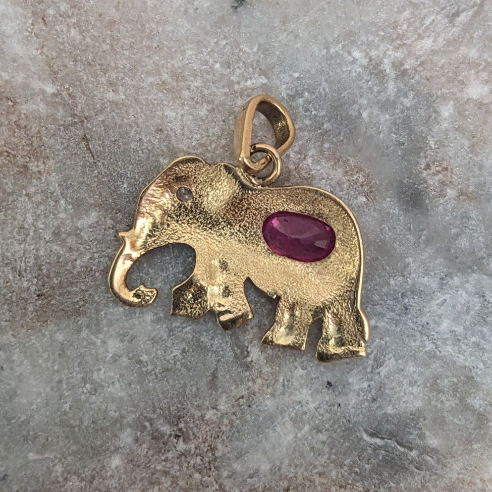 Vintage 14k Yellow Gold Lab Ruby Elephant Charm Pendant