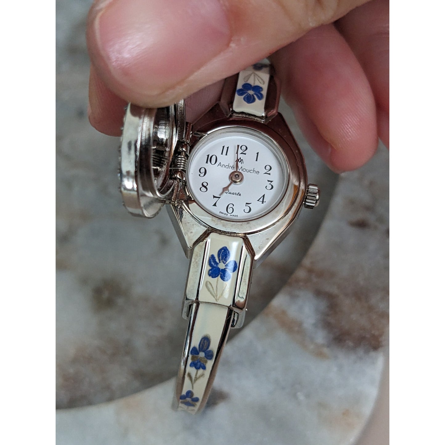 Andre Mouche Silver Tone Peek a Boo Watch Blue Floral Enamel White Gems Working