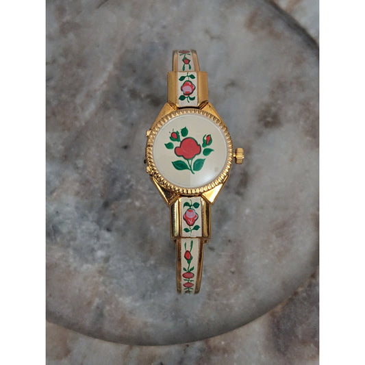 Vintage Andre Mouche Silver Tone Bangle Watch with Blue Floral Enamel Working