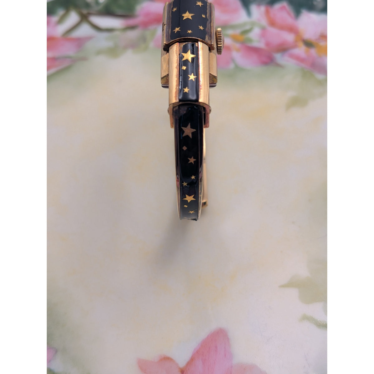 FLAW Vintage Bucherer Gold Peekaboo Watch Black Enamel Gold Stars POOR CONDITION