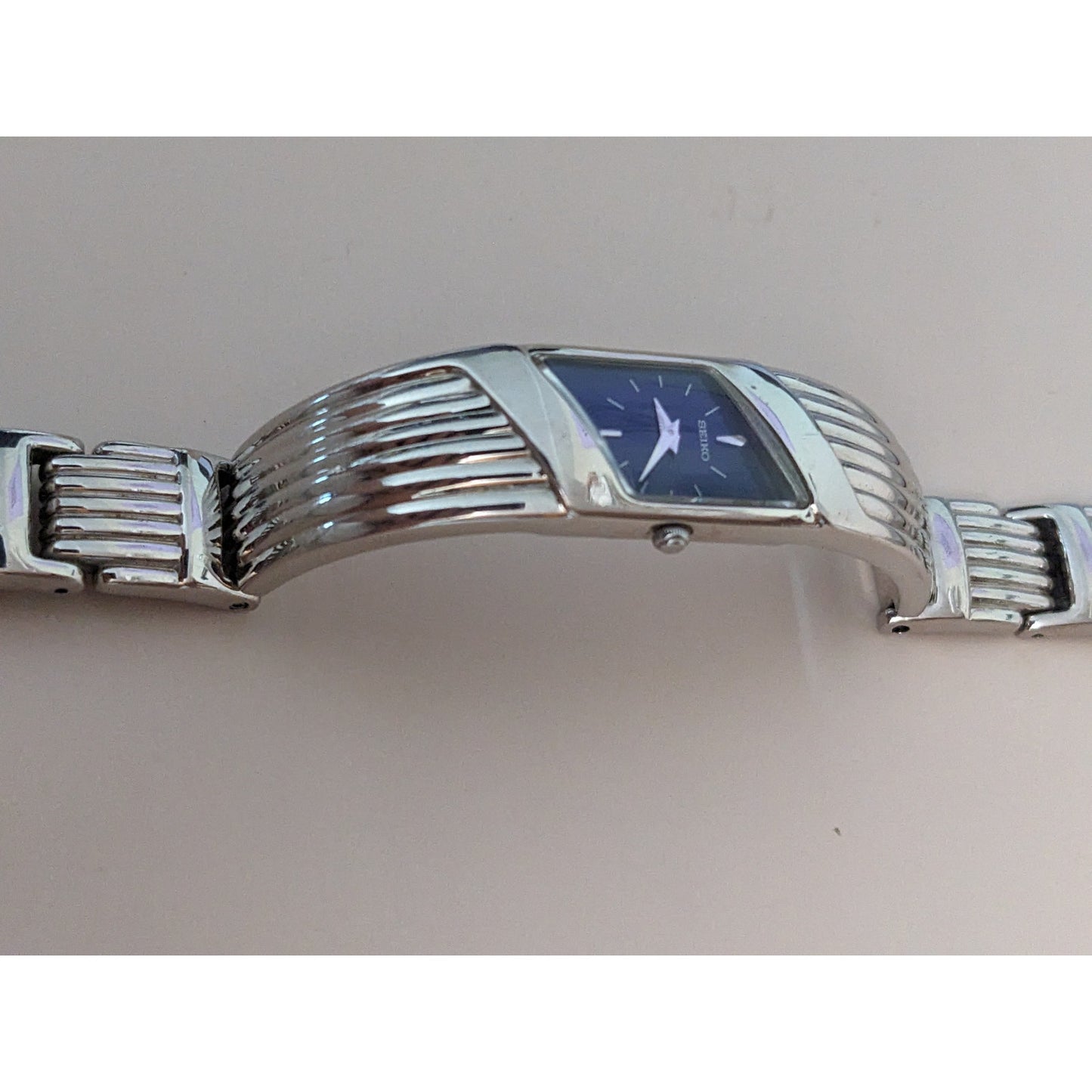 Vintage Andre Mouche Silver Tone Bangle Watch with Blue Floral Enamel Working