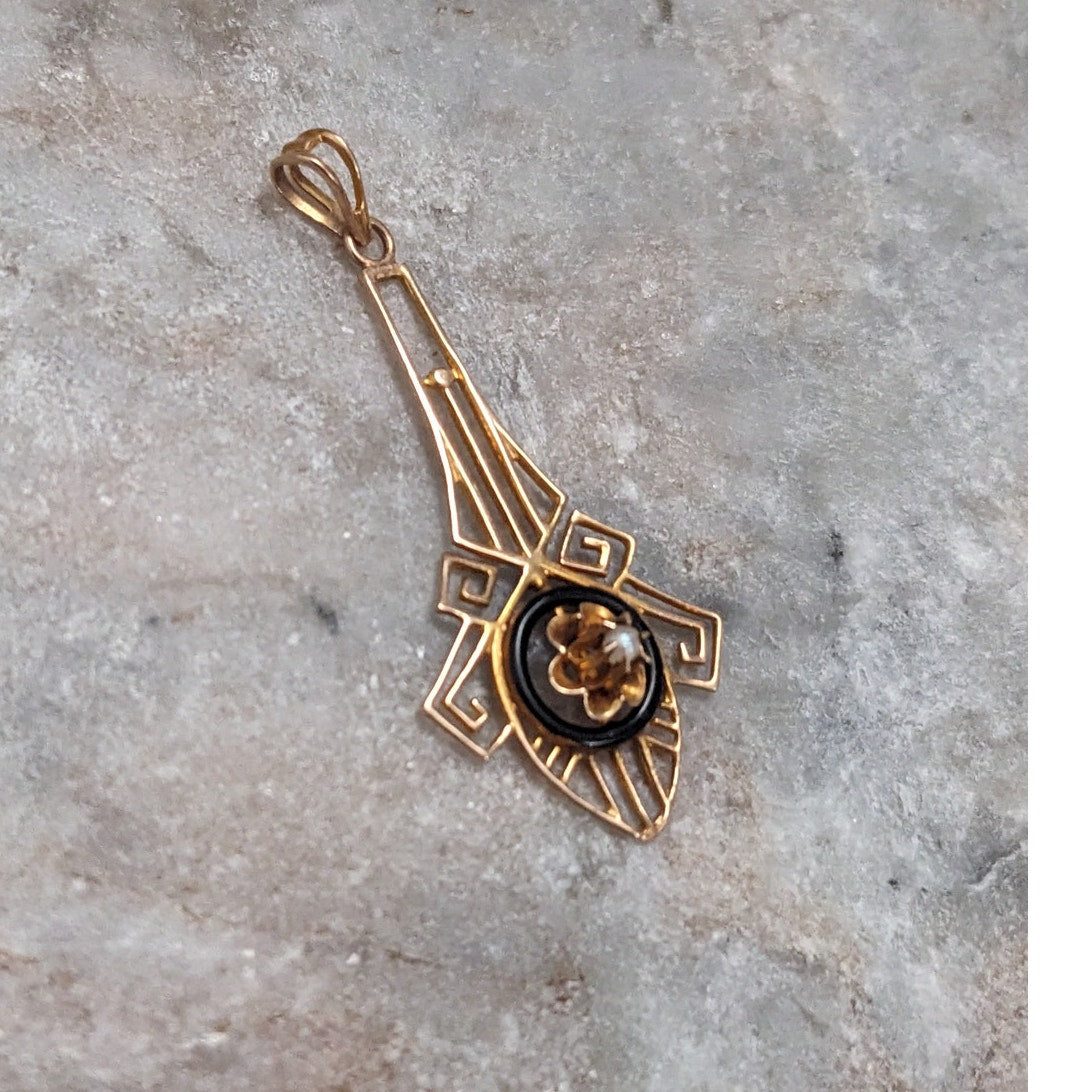 Vintage 10k Yellow Gold Pearl and Black Enamel Lavalier pendant