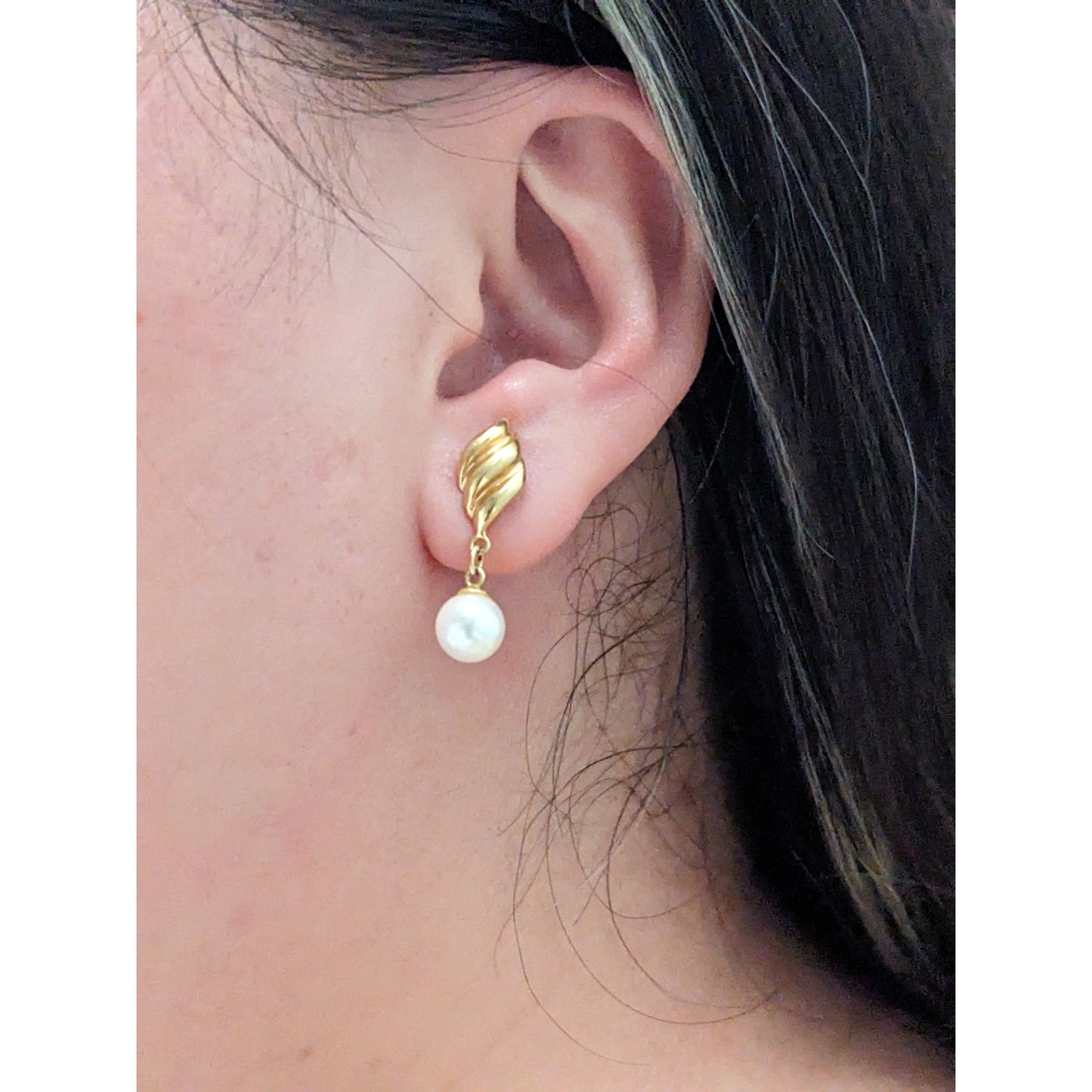 Vintage 14k Yellow Gold Sculpted Twist Faux Pearl Dangle Earring