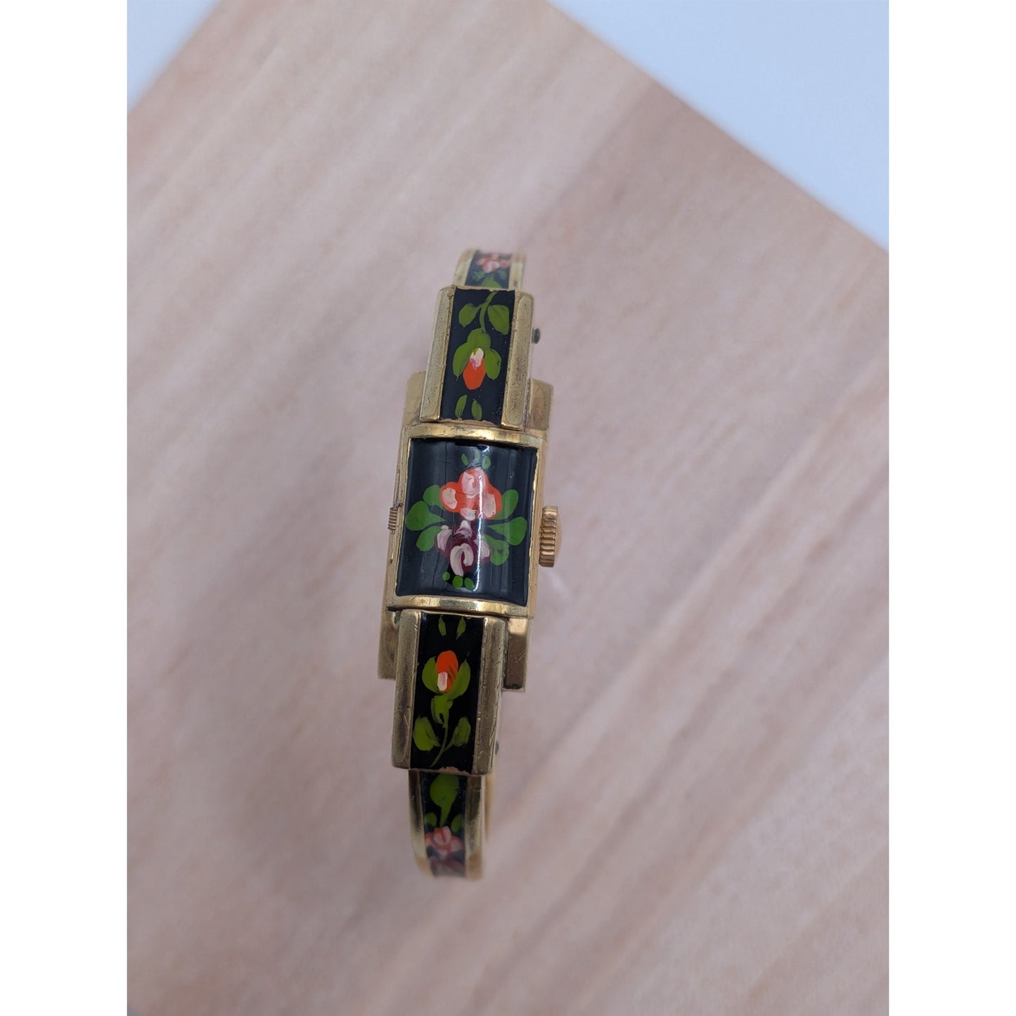 Vintage Ritma Gold Tone Peekaboo Watch Black Enamel Pink Purple Flowers