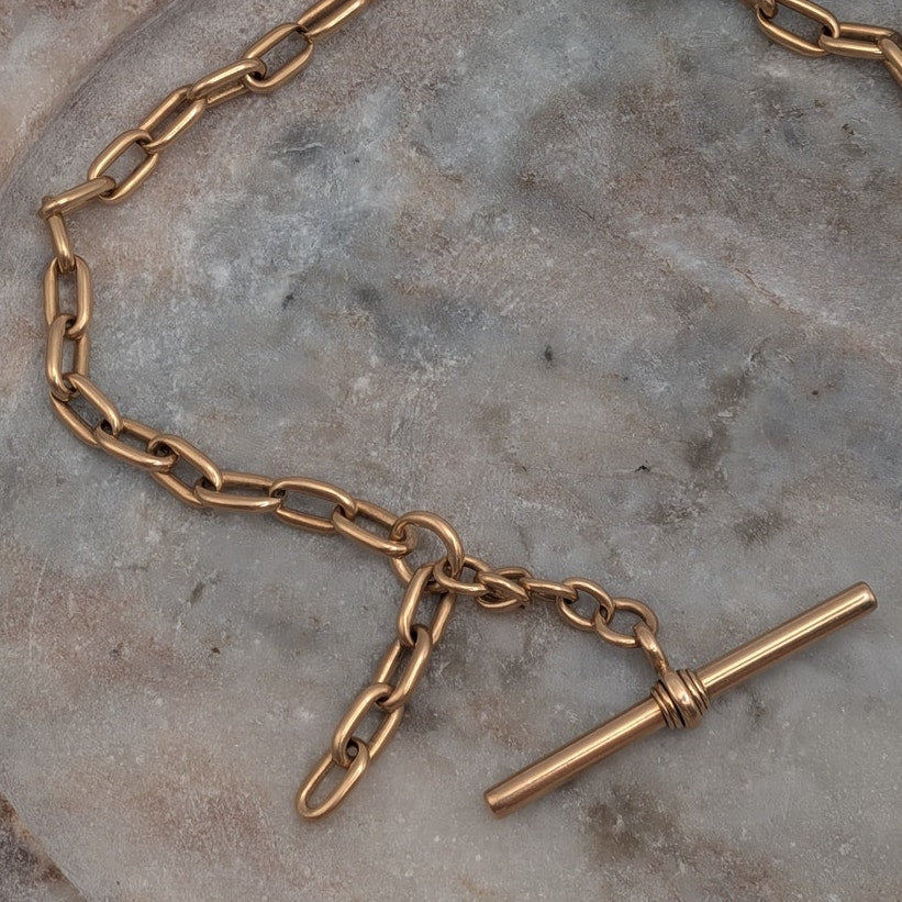 Vintage 14k Solid Gold Trombone Link Albert Watch Chain with T-Bar