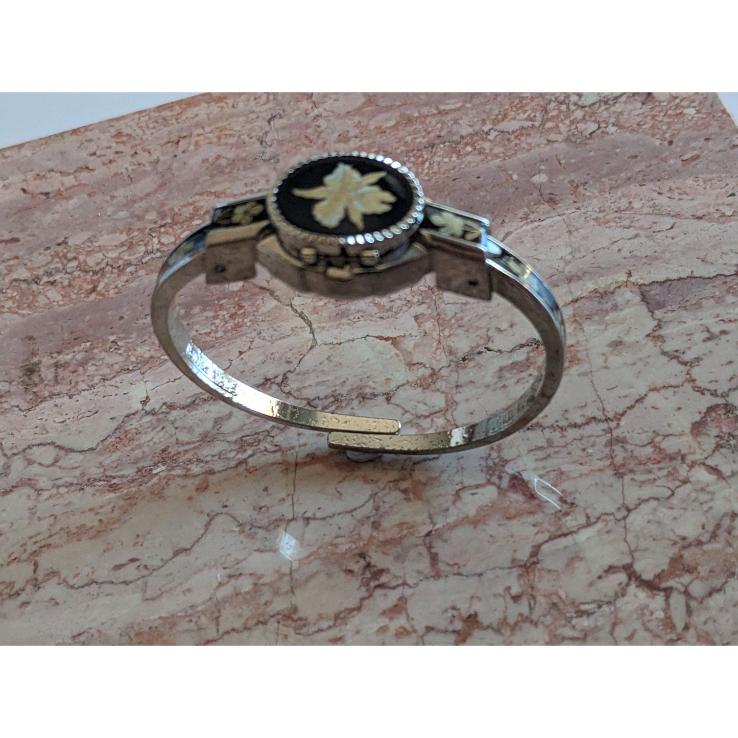 Vintage Andre Mouche Silver Tone Bangle Watch Black Enamel Cream Flowers