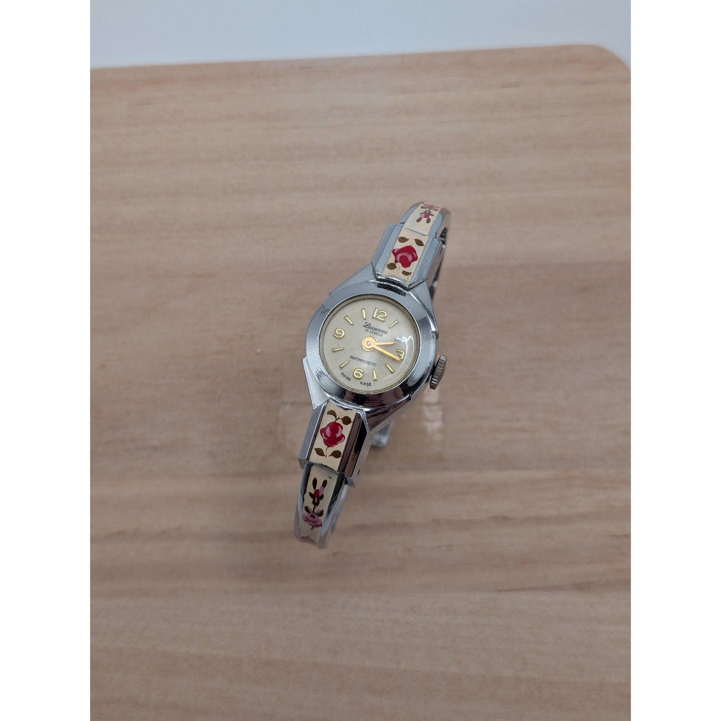 Vintage Lucerne Silver Tone Bangle Watch White Enamel Red Flowers