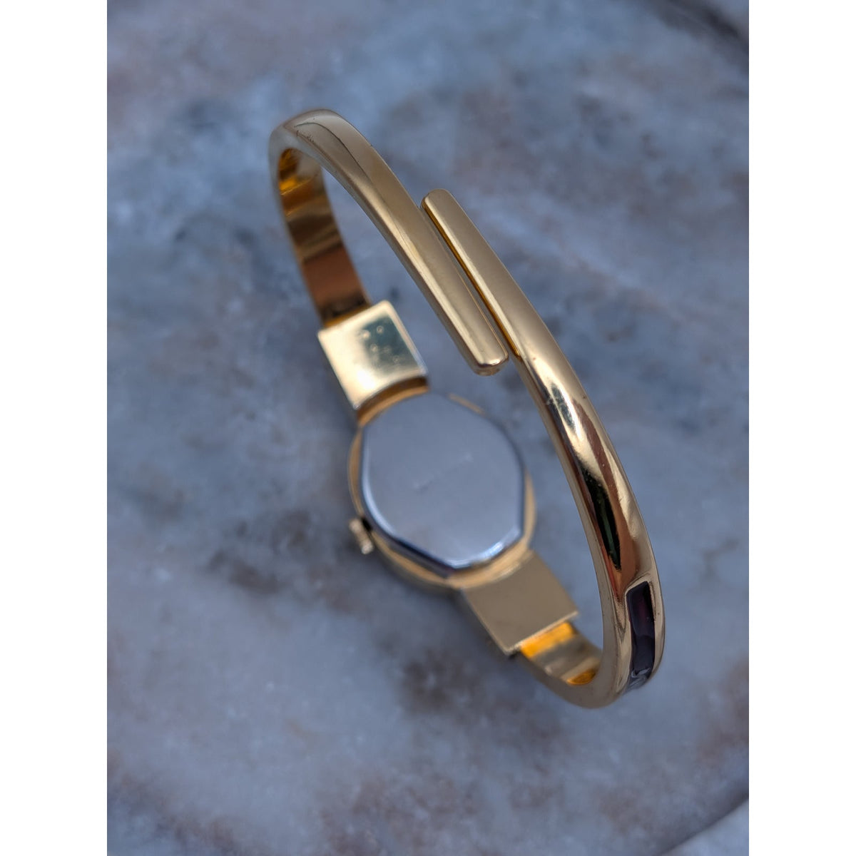 Vintage Andre Mouche Gold Tone Bangle Watch Reddish Brown Enamel White Flowers