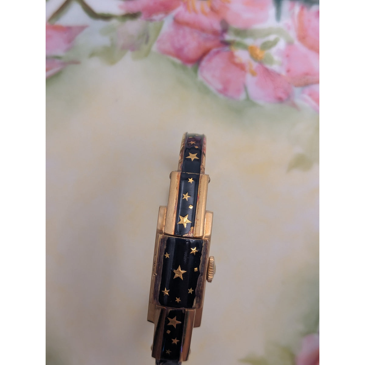 FLAW Vintage Bucherer Gold Peekaboo Watch Black Enamel Gold Stars POOR CONDITION