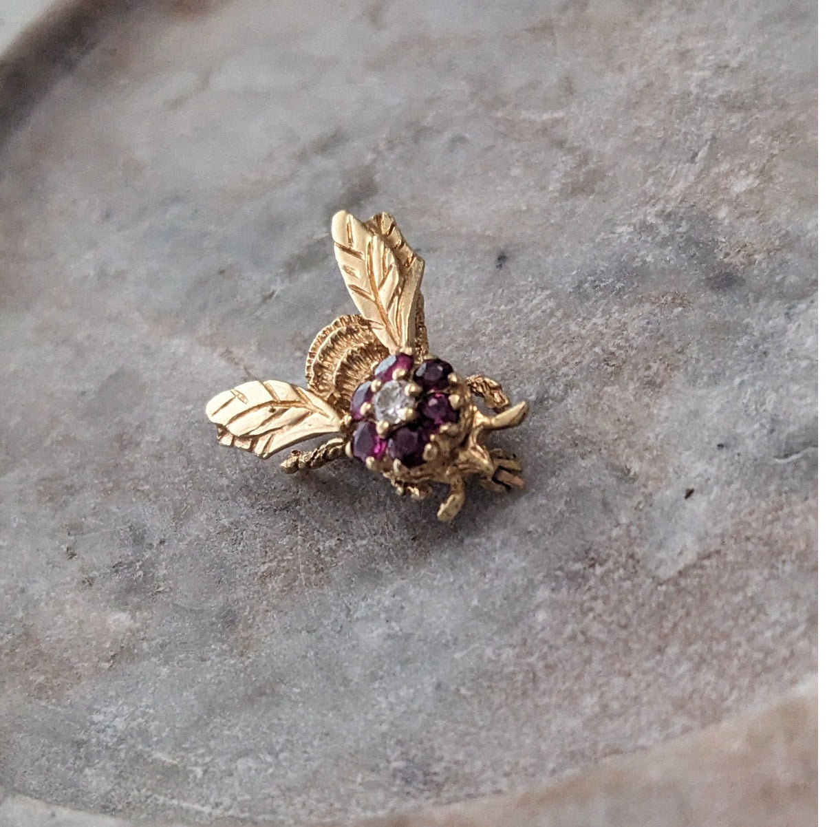 Vintage 14k Yellow Gold Ruby and Diamond Bee Brooch