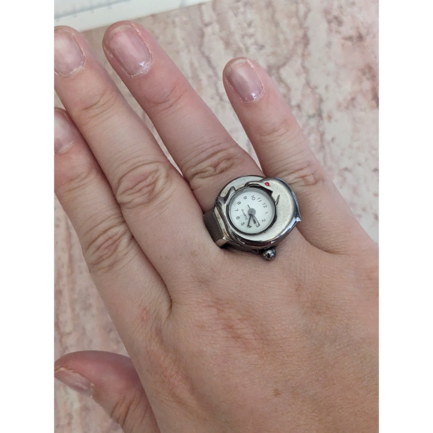 Preowned Patina Silver Tone Ring Watch with Dolphin Working