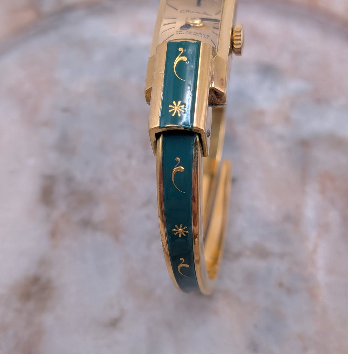 Vintage Chandler MANUAL Gold Tone Bangle Watch Green Enamel & Gold Floral Accent