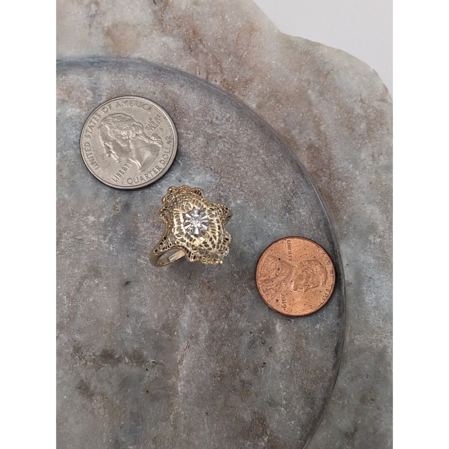 FLAW Vintage 14k Yellow Gold Filigree Diamond Cocktail Ring Size 7.75