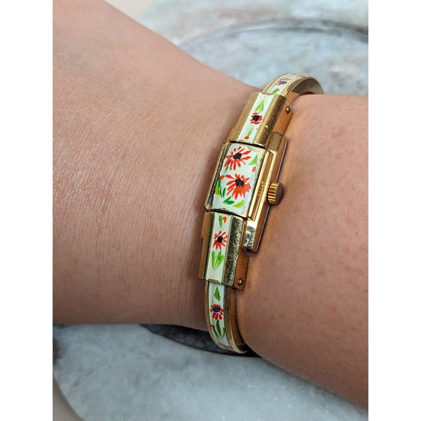 Vintage Andre Mouche Silver Tone Bangle Watch with Blue Floral Enamel Working