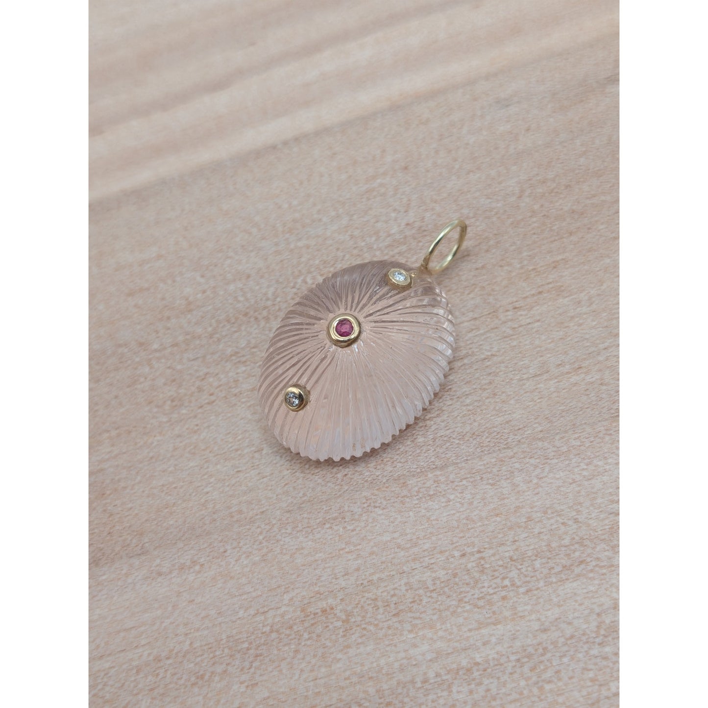 14K Gold Carved Fluted Rose Quartz Pendant w/ Natural Ruby & Diamond Accents