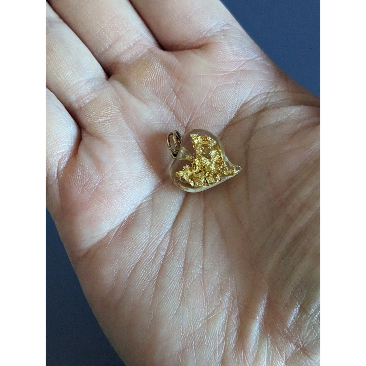 Vintage 14k Yellow Gold Nugget Flakes Heart Shaped Glass Pendant
