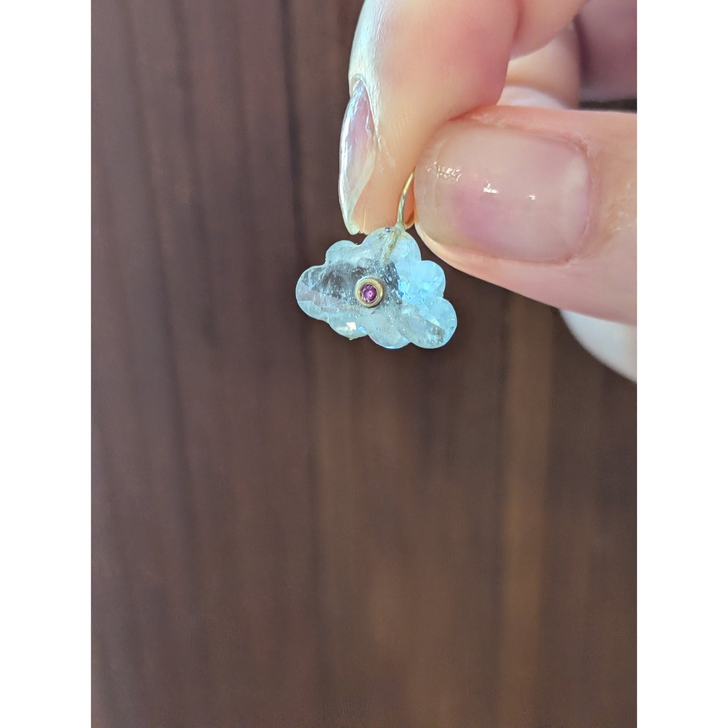 14K Gold Blue Topaz Cloud Pendant Natural Ruby Inlay Carved Gemstone