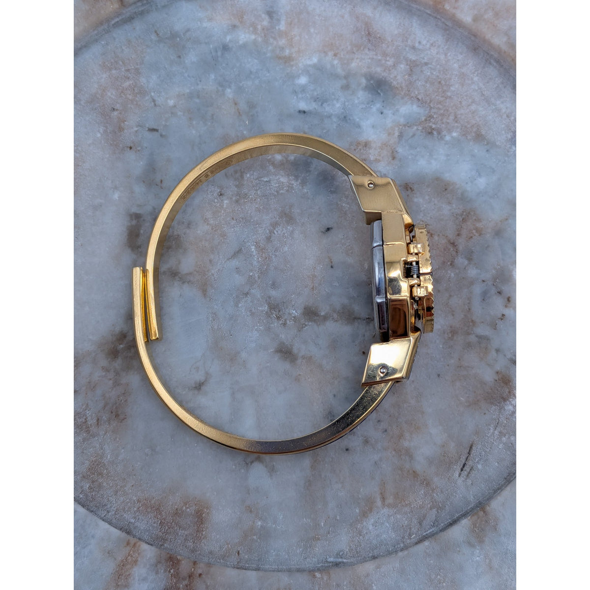 Vintage Andre Mouche Gold Tone Peekaboo Watch Dark Blue Enamel White Flowers