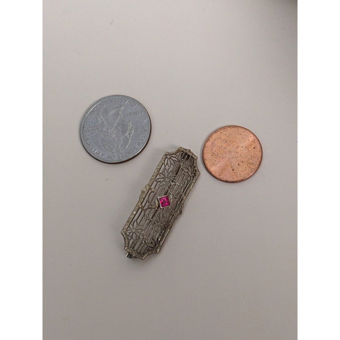 Art Deco 10k White Gold Pink Gem with Floral Filigree Design Brooch