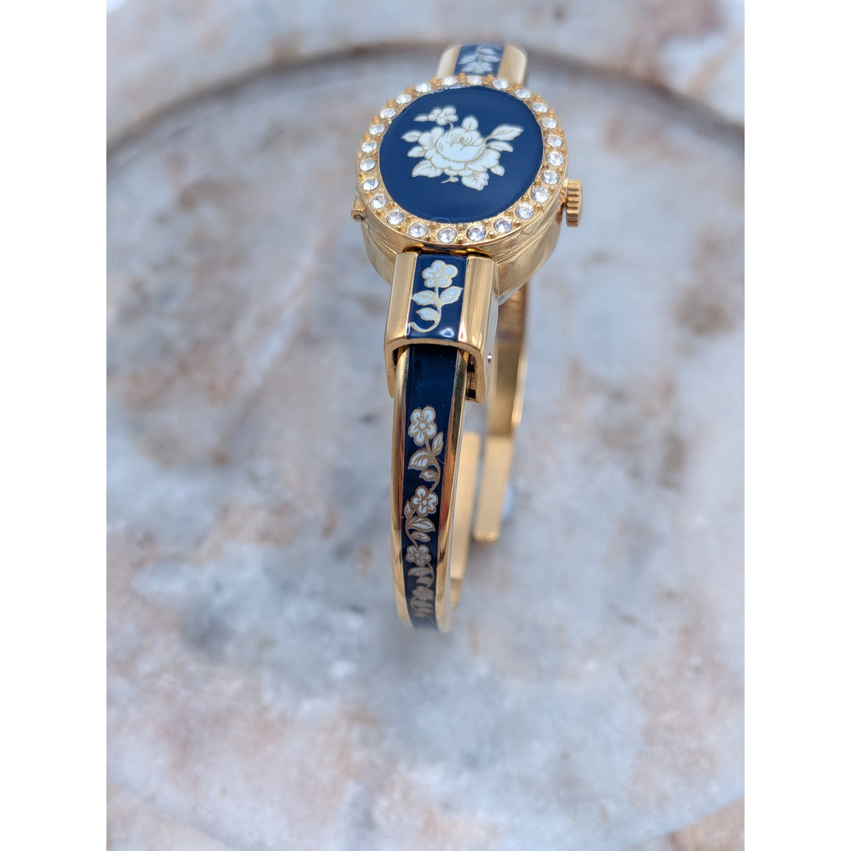 Vintage Andre Mouche Gold Tone Peekaboo Watch Blue Enamel White Flowers in Box