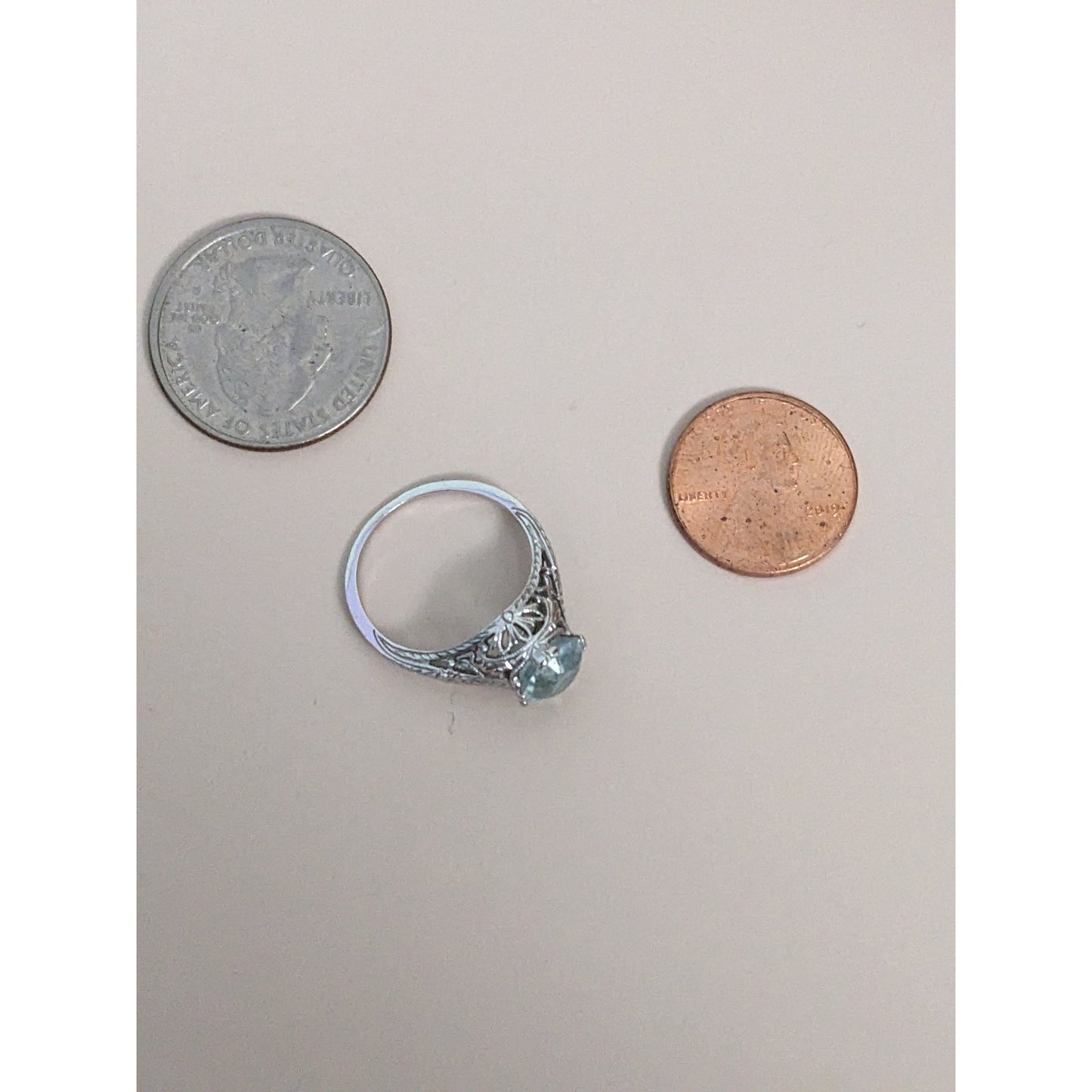 Vintage 18k White Gold Light Blue Gem with Filigree Design Ring Size 6.75 US