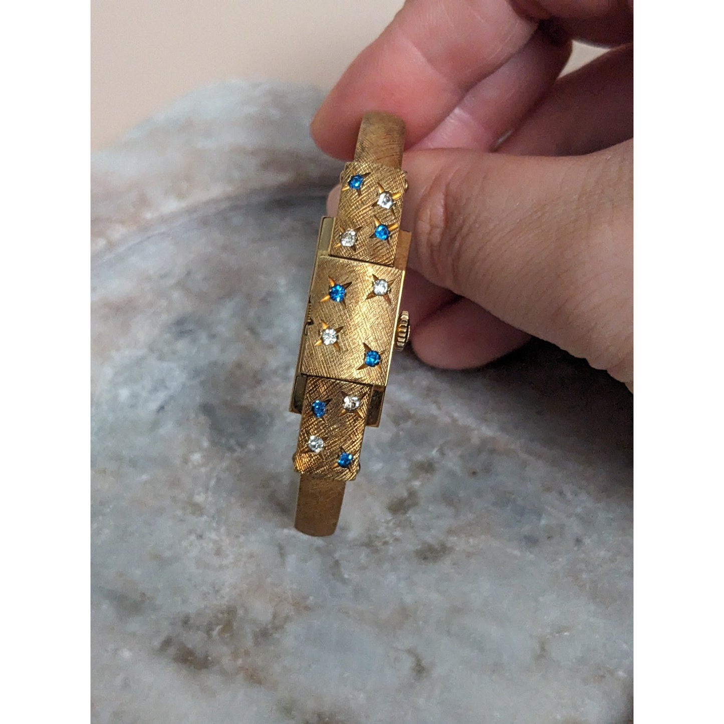 Vintage Andre Mouche Silver Tone Bangle Watch with Blue Floral Enamel Working