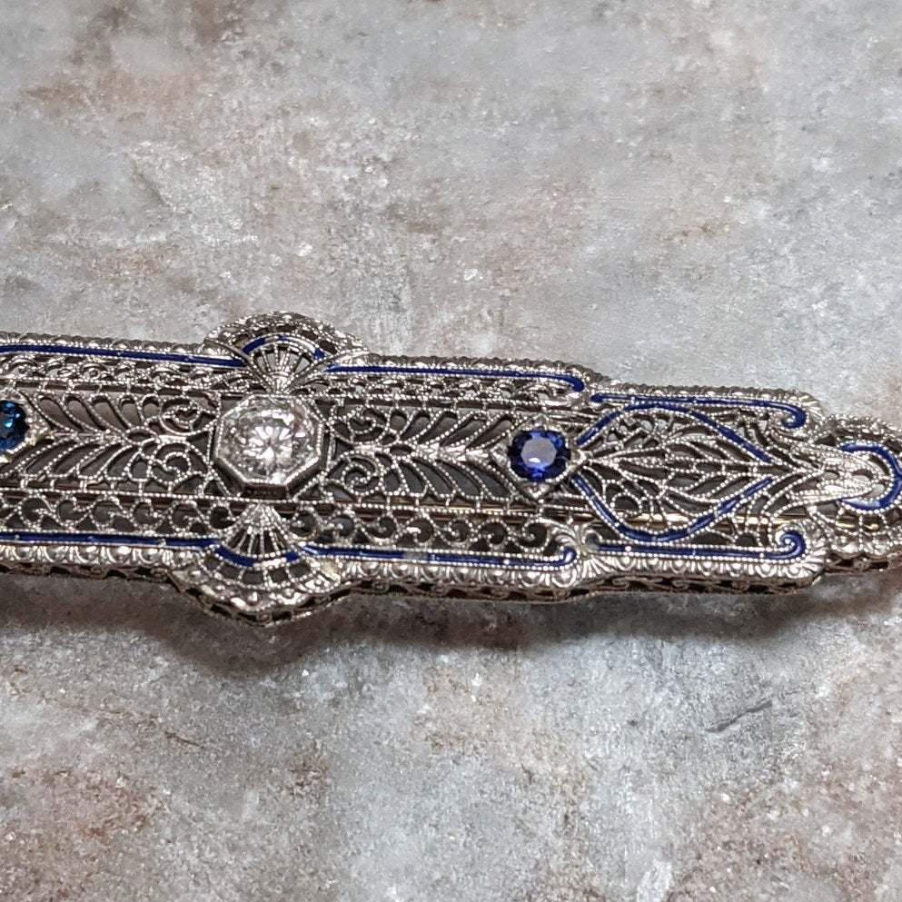 Vintage 14k White Gold Filigree Blue Enamel Diamond and Sapphire Accent Brooch