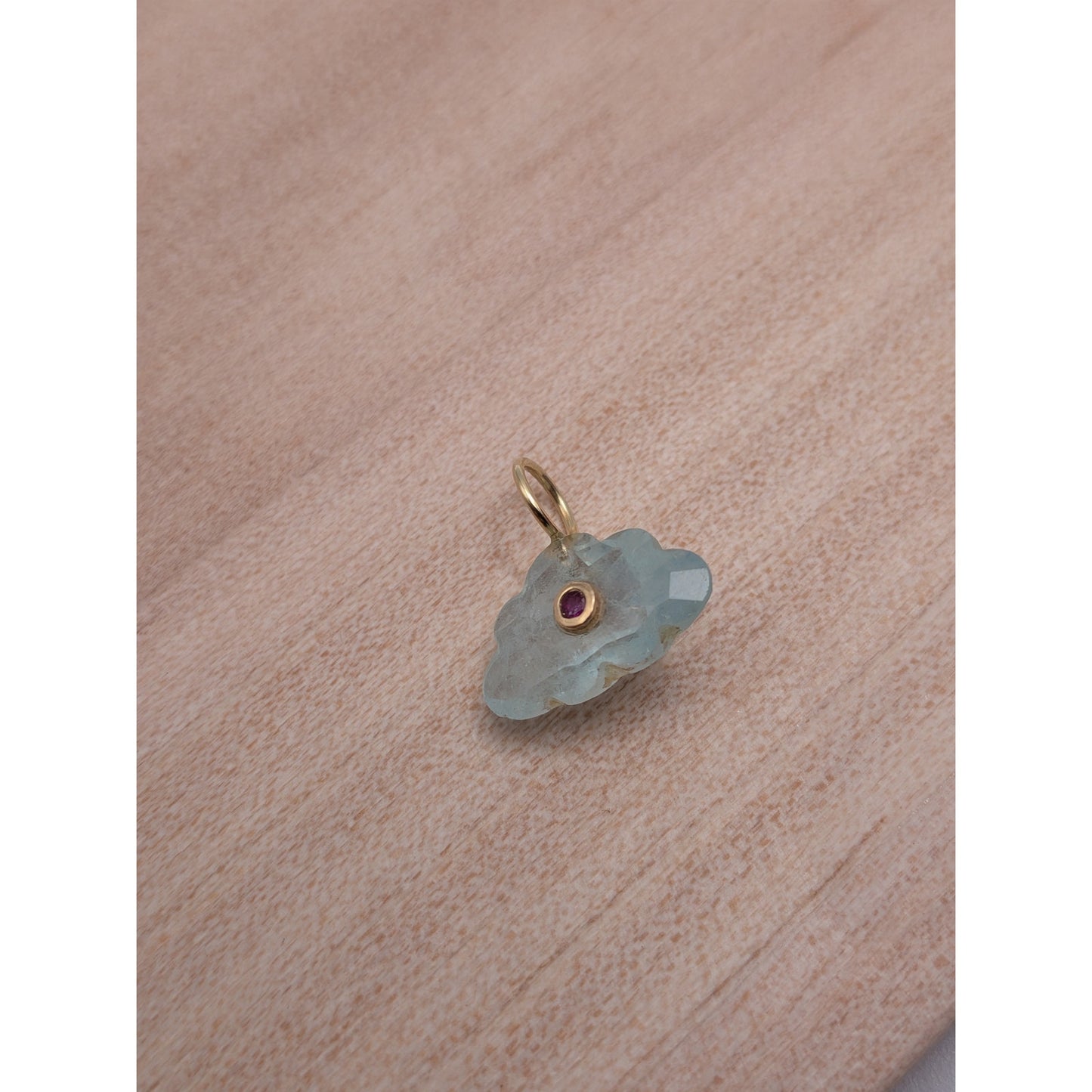 14K Gold Blue Topaz Cloud Pendant Natural Ruby Inlay Carved Gemstone