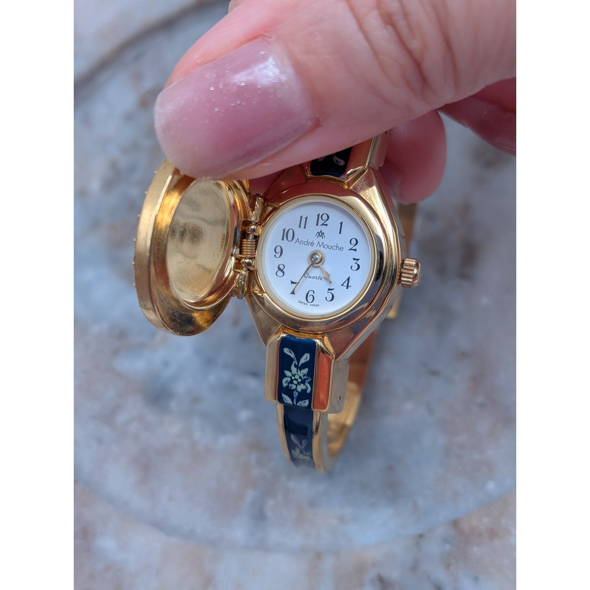 FLAW Vintage Andre Mouche Gold Tone Peekaboo Watch Blue Enamel and Flower Accent