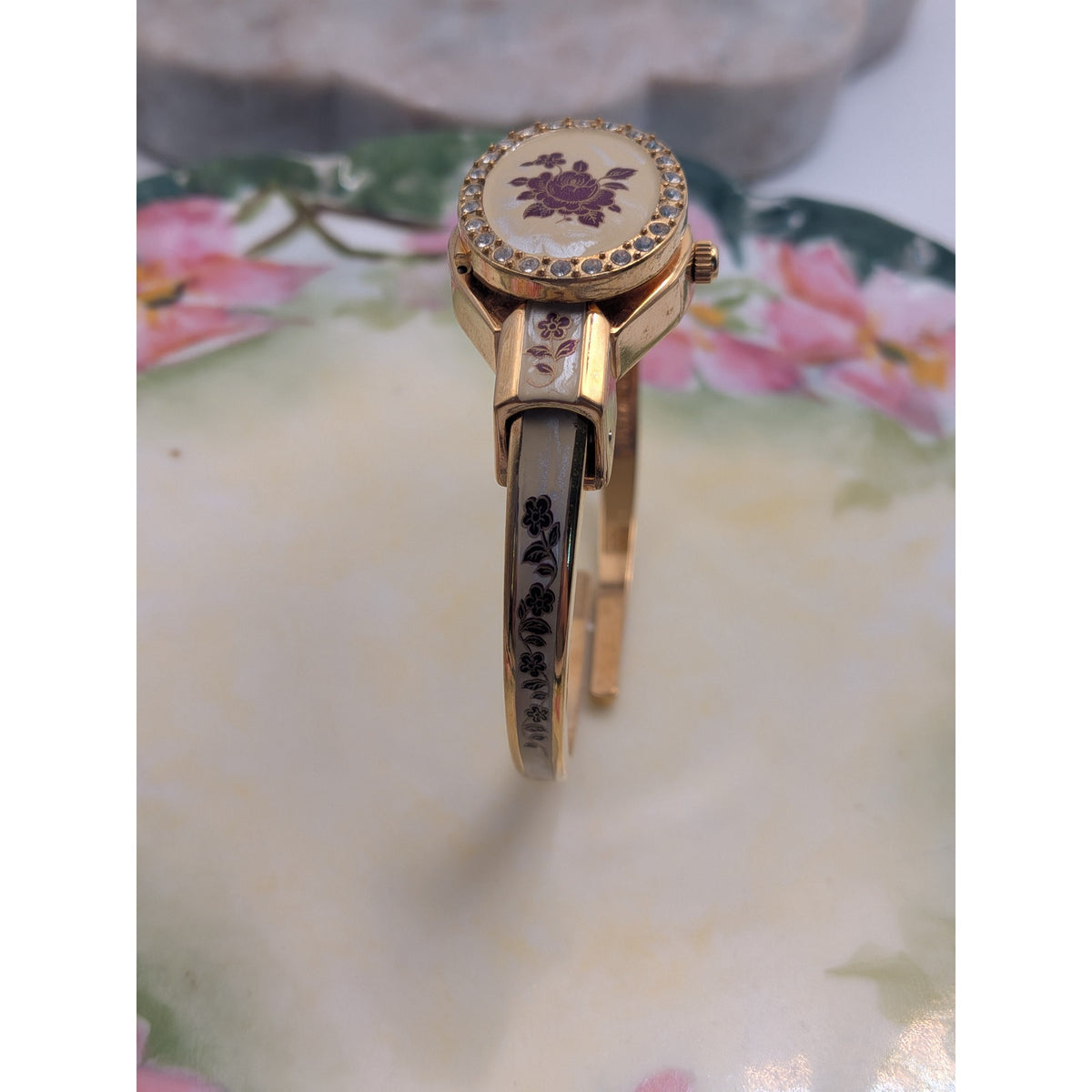 Vintage Andre Mouche Gold Tone Peekaboo Watch Cream Enamel Red Flowers & Stones