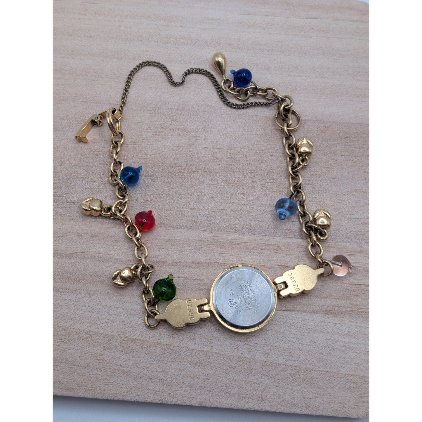 Vintage Modified Seiko Alba Gold Watch Flowers & Glass Drop Beads Charms