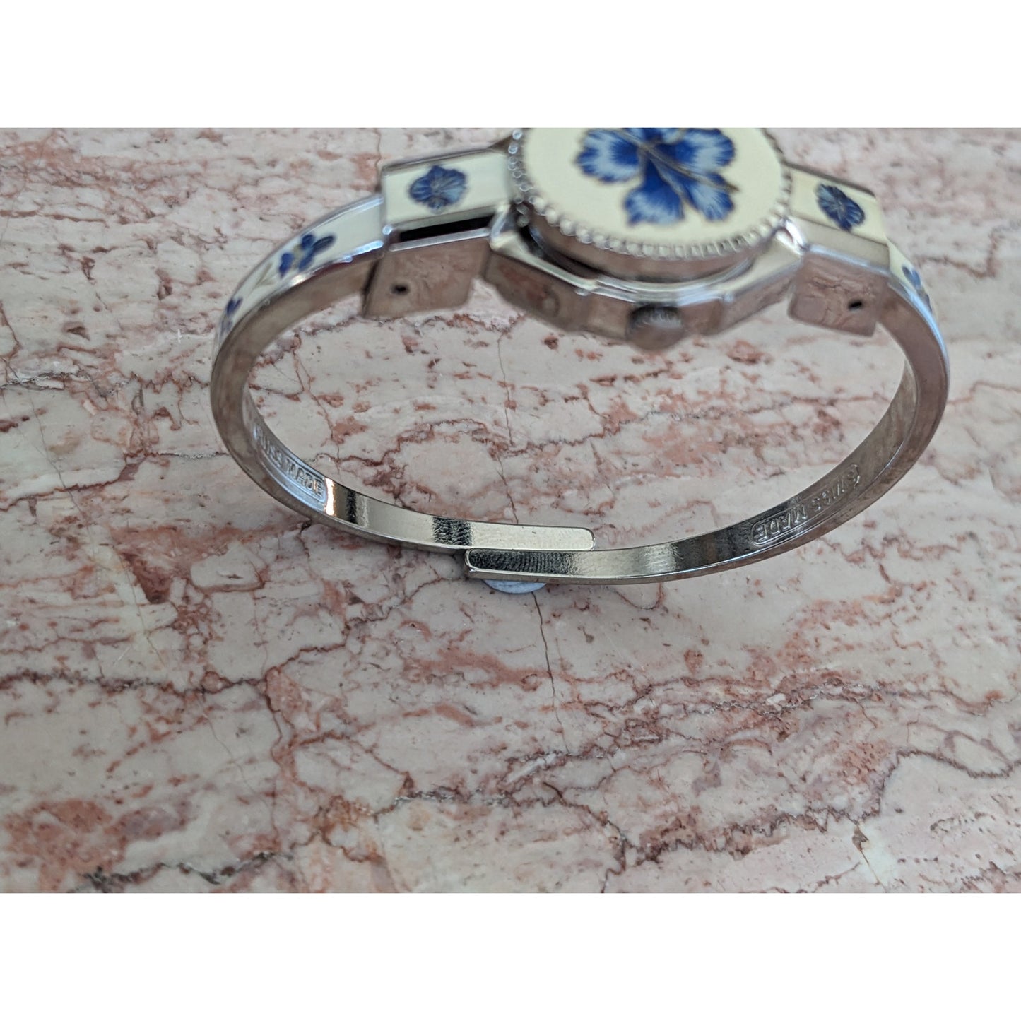 Vintage Andre Mouche Silver Tone Bangle Watch White Enamel Blue Flowers