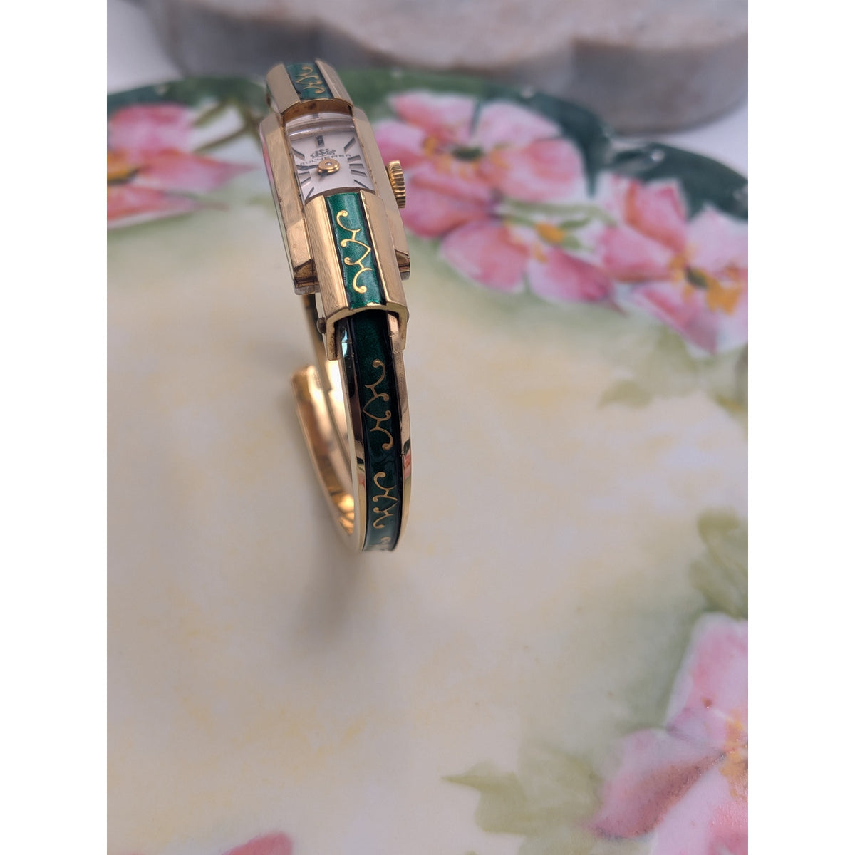 FLAW Vintage Bucherer Gold Tone Bangle Watch Green Enamel Gold Pattern Accent