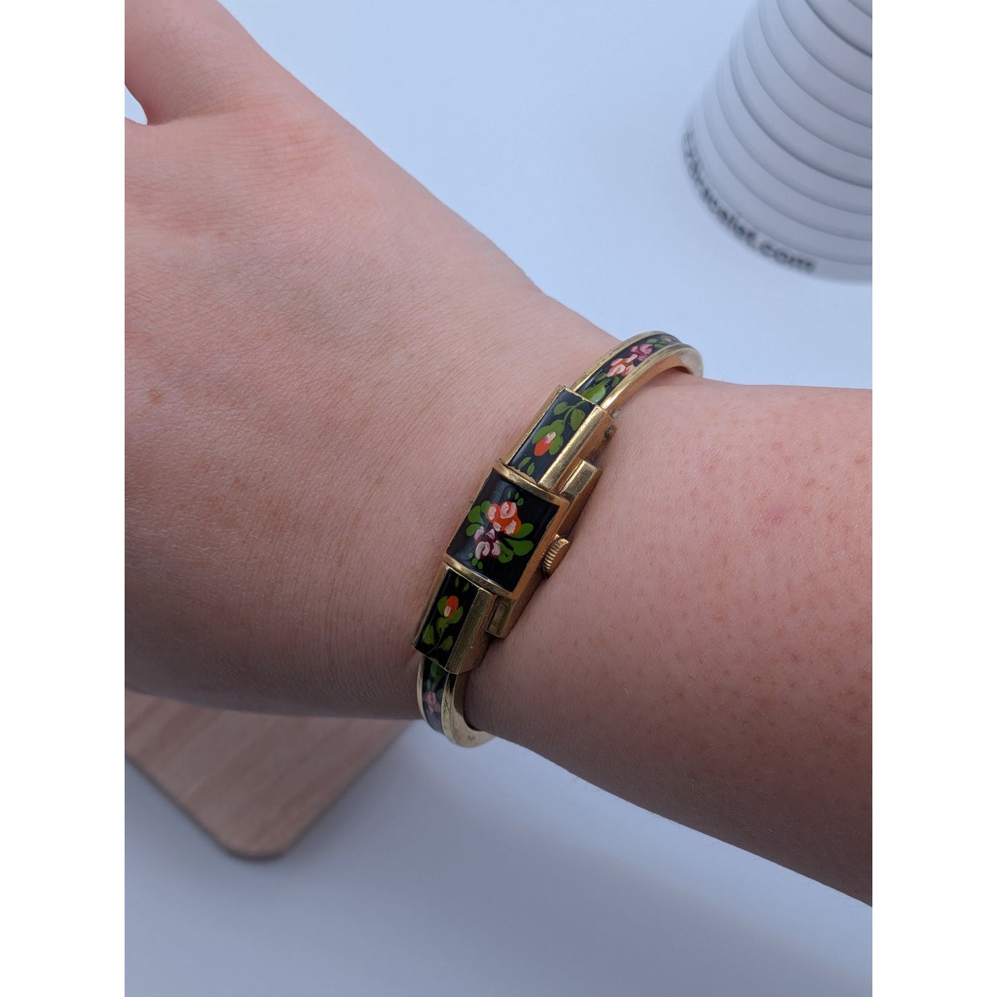 Vintage Ritma Gold Tone Peekaboo Watch Black Enamel Pink Purple Flowers