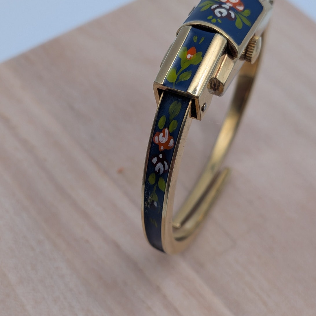 Vintage Ritma Gold Tone Peekaboo Manual Watch Blue Enamel Flowers