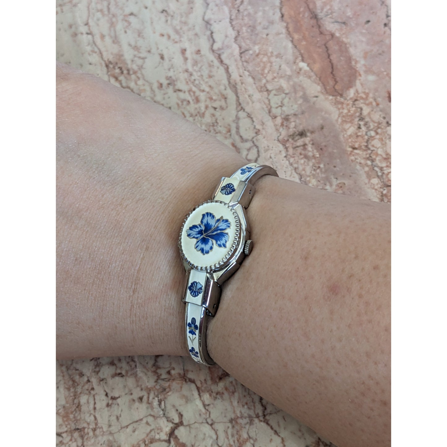 Vintage Andre Mouche Silver Tone Bangle Watch White Enamel Blue Flowers